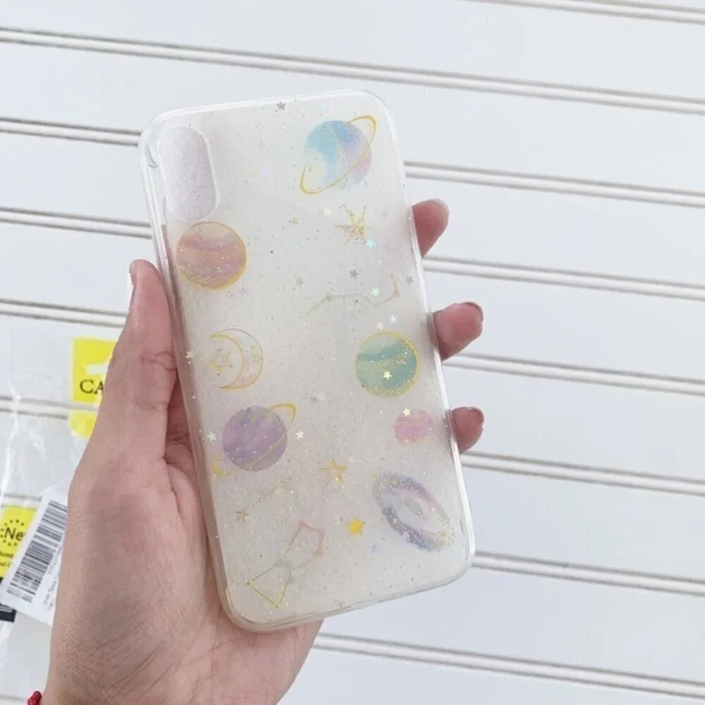 NWT iPhone XR Clear Space Galaxy Stars Planets Glittery Phone Case